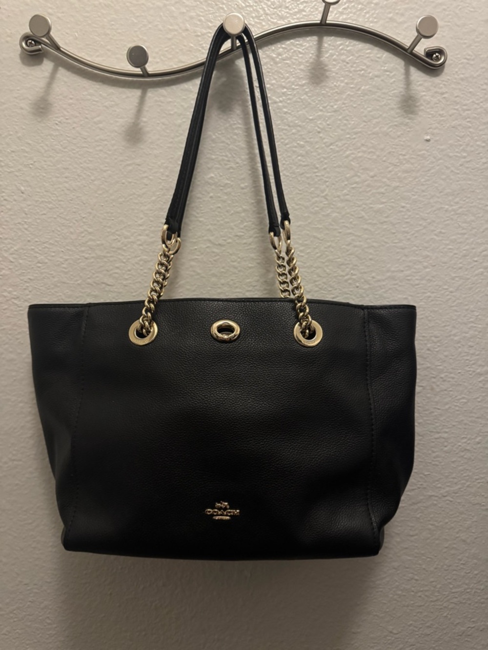 Coach Black Pebbled Leather Tote with Gold Chain Handles
i - Picture 3 of 4